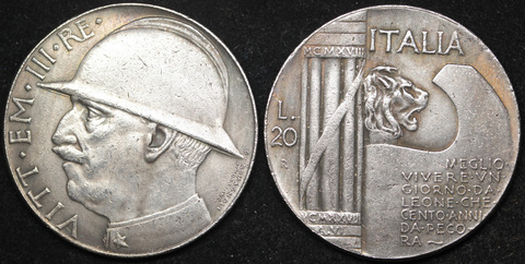 Жетон 20 лир 1928 года Италия король Виктор Эммануил 3 копия монеты посеребрение Копия