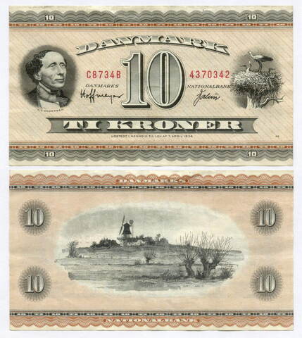 Банкнота Дания 10 крон 1951 (1973) год C8734B 4370342 (Андерсен). VF-XF