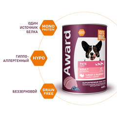AWARD консервы для взрослых собак паштет из индейки с черникой 400г