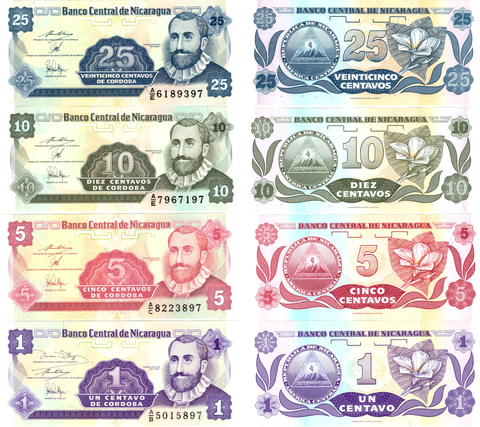 Никарагуа. Банкноты. Набор 4 шт. 25,10,5,1 сентаво 1991 г. Пресс UNC