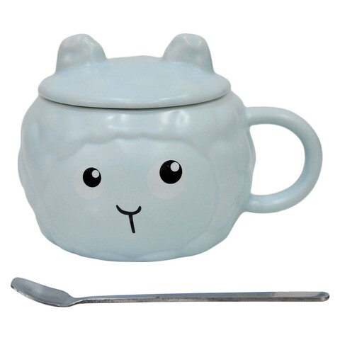 Керамическая кружка с крышкой и ложкой, голубой, 370 мл