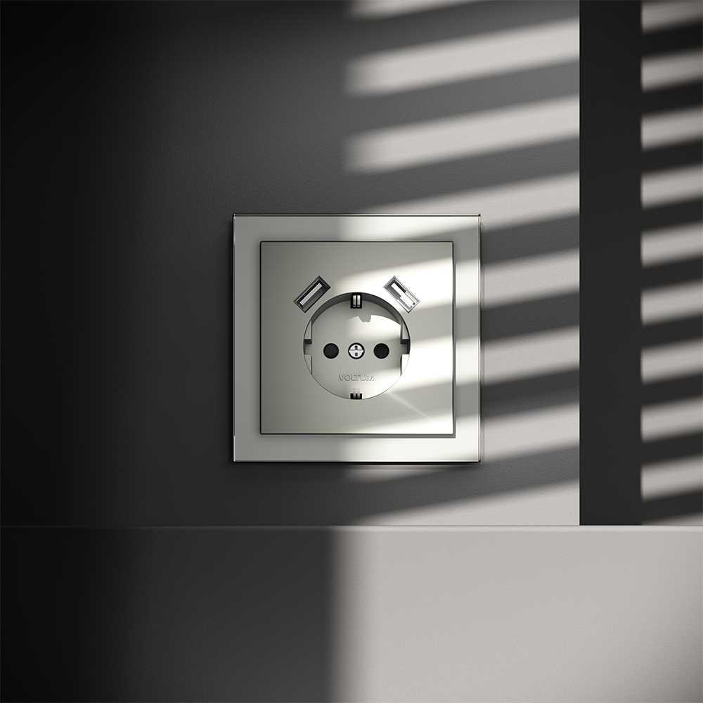 Розетка встраиваемая Voltum S70 с заземлением и защитными шторками, 16А, с USB, A+A, (сталь) VLS040405