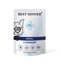 Влажный для кошек паучи Best Dinner Vet Profi Renal 0,085кг (диета при почечной недостаточности) курица кусочки в соусе. 24 упаковки