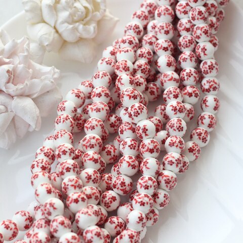 Бусина Шарик, керамика, белая с красной росписью, 10 мм, 1 шт, МК012