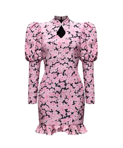 Giannetta mini, платье мини черное из крепдешина со средними розовыми цветами