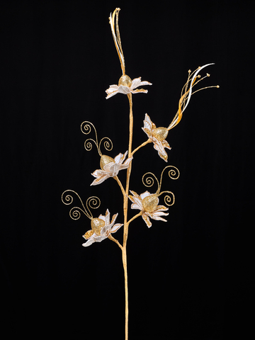 Веточка с цветами 19х72см ChristmasDeLuxe белая с золотом