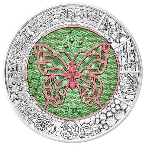 Австрия 2017, 25 евро, серебро. Микрокосмос, бабочка. Ниобий