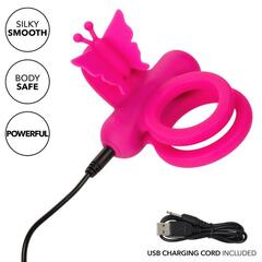 Розовое эрекционное виброкольцо Silicone Rechargeable Dual Butterfly Ring - 