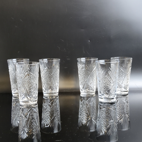 Стопки хрустальные набор из 6 штук, алмазная грань, геометрический орнамент, 8.5 см, винтаж СССР 1970-1990 гг