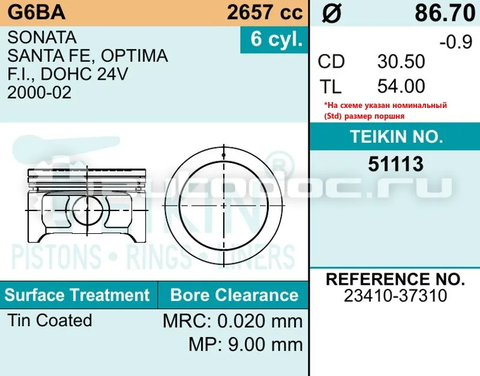 Поршень двигателя TEIKIN 51113 0.50 (6шт/упак)