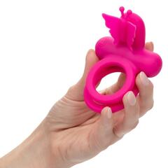Розовое эрекционное виброкольцо Silicone Rechargeable Dual Butterfly Ring - 