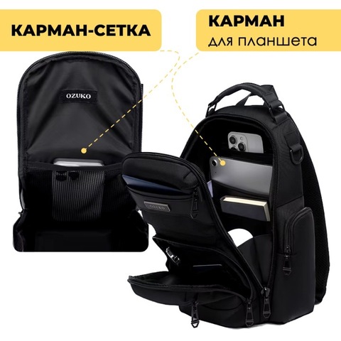Картинка рюкзак однолямочный Ozuko 9805 Black - 11