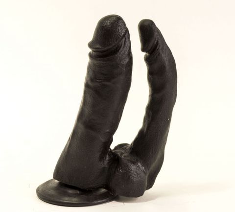 Двойной чёрный фаллоимитатор на присоске - 15 см.