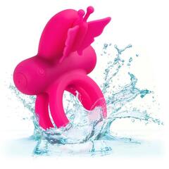 Розовое эрекционное виброкольцо Silicone Rechargeable Dual Butterfly Ring - 