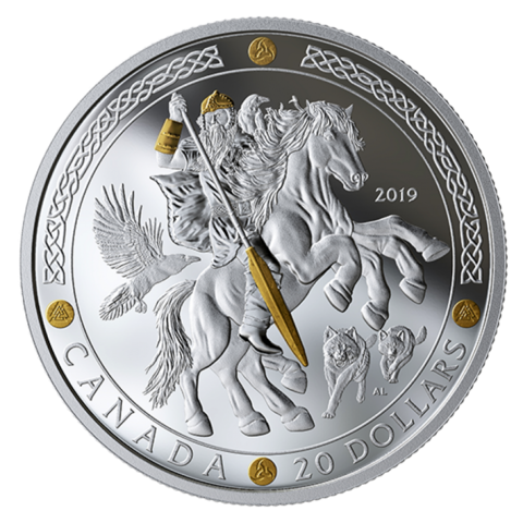Канада 2019, 20 долларов, 1 унция, серебро, позолота. Скандинавские боги. Один