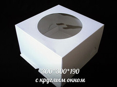 Коробка для торта с круглым окном 300х300х190 мм (белая)