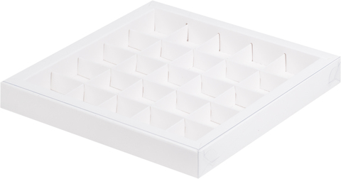 Коробка для конфет с пластиковой крышкой 245х245х30 (25 ячеек) (белая)