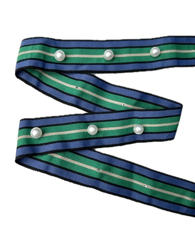 Репсовая лента в полоску с бусинами, цвет: зелёный/синий, ширина: 35мм