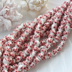 Бусина Шарик, керамика, белая с красной росписью, 10 мм, 1 шт, МК012