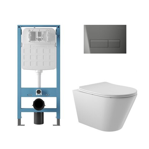 Aqueduto AQDS351T AQD комплект: TECNICA Novo Система инсталляции для подвесного унитаза, RETANGULO Novo Панель смыва, оружейная сталь, CONE Tornado Унитаз подвесной 525*360 безободковый, Tornado, сиденье с микролифтом, белый глянцевый