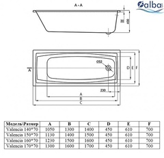 Ванна акриловая APPOLO Valencia прямоугольная 160*70 с ножками