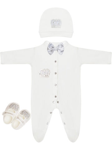 Комплект на выписку 3 предмета "Корона" с серым бантиком