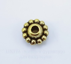 Бусина металлическая 9х5 мм (цвет - античное золото), 10 штук