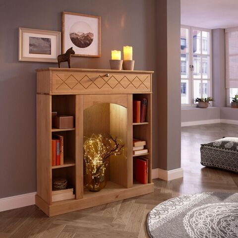 Камин декоративный светодиодный Абау, стеллаж с ящиком из массива сосны, полка декоративная с подсветкой, натуральный бейц