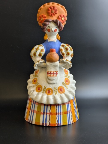 Авторская дымковская игрушка «Хлеб-соль» . Барыня с караваем, хлебом, 31,5 см, винтаж, ручная роспись, 1970-1980 гг. Автор Журавлева Т.В.
