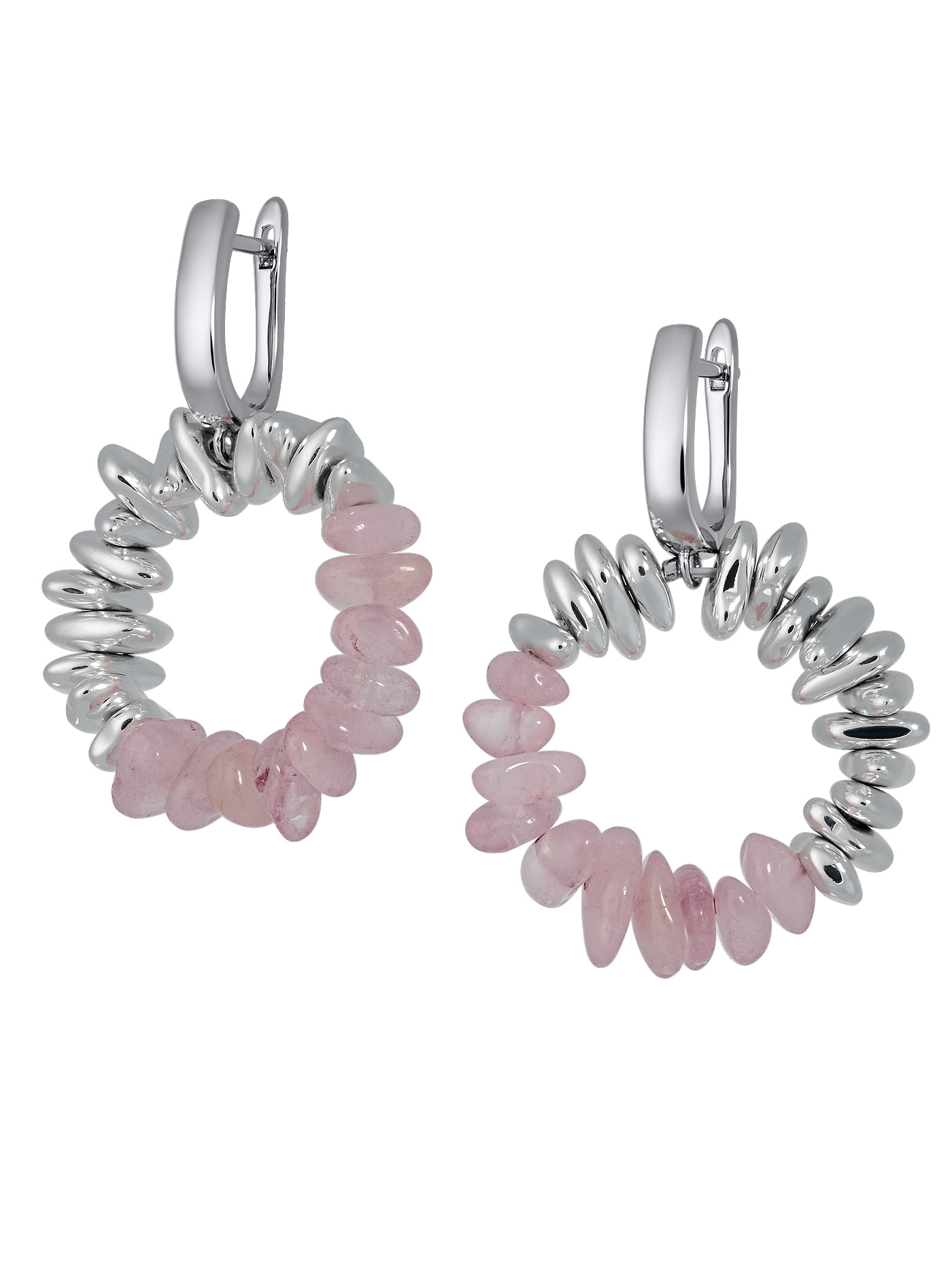 Дизайнерские круглые серьги с розовым кварцем и гематитом