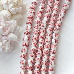 Бусина Шарик, керамика, белая с красной росписью, 10 мм, 1 шт, МК012