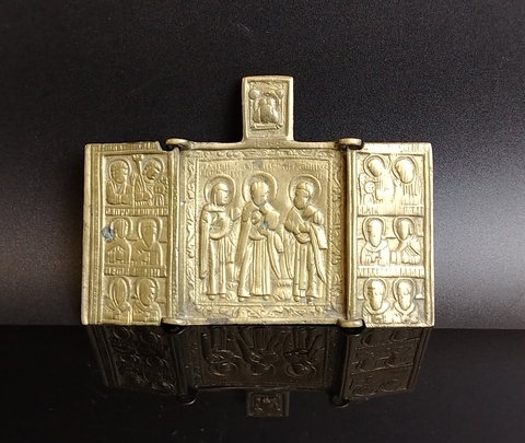 Складень меднолитой старинный - три святых - оригинал 18 век