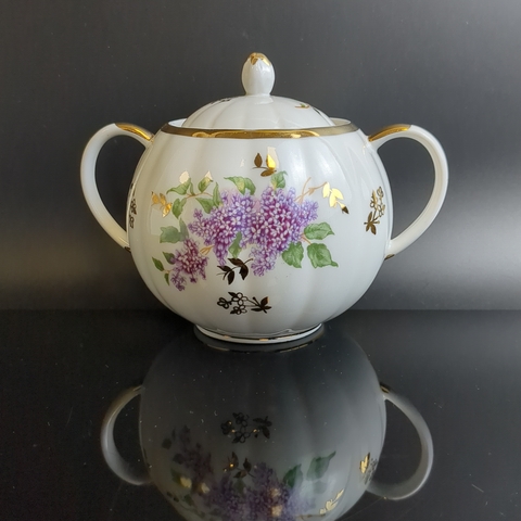 Сахарница фарфоровая из сервиза "Сирень", Дулево ФЗ, роспись, золочение, винтаж СССР 1966 год