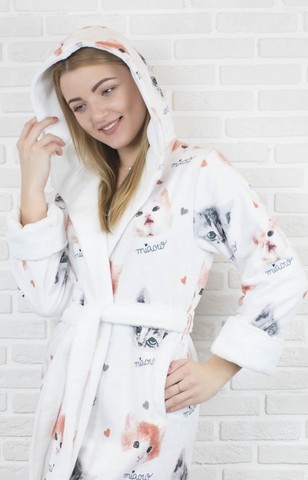 Женский короткий халат с капюшоном 8540 Кошечка NUSA Турция