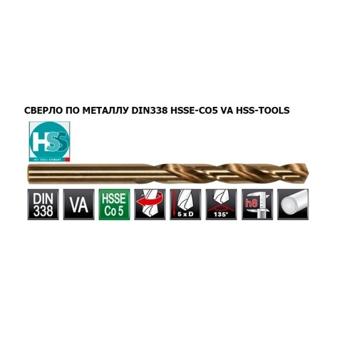 Сверло по металлу ц/х 10,5x133/87мм DIN338 h8 5xD HSSE-Co5 VA 135° (Блистер) H-Tools 1063-1105