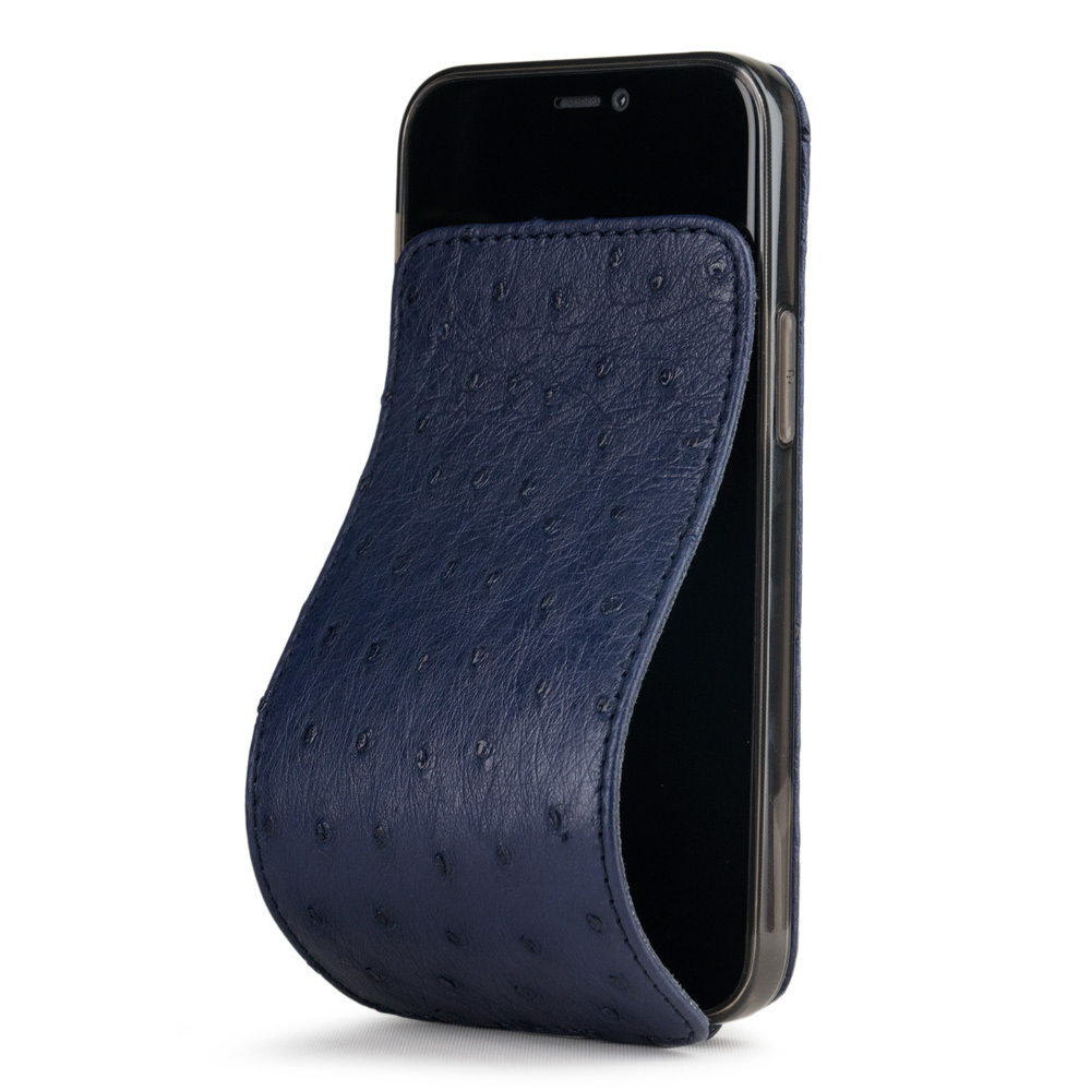 elegant ostrich leather folio case for iPhone 12 mini blue