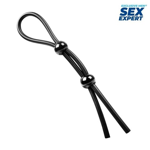 Черное силиконовое лассо с двумя шариками для утяжки - Sex Expert SEX EXPERT (ИГРУШКИ) SEM-55248