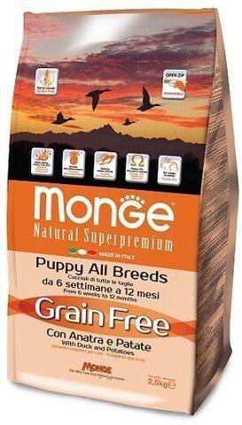 Купить Monge Dog GRAIN FREE Puppy and Junior сухой беззерновой корм для щенков с уткой и картофелем 2.5 кг