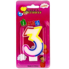 
          Свеча для торта с держателем Alingar, 7,0 см, "Цифра 3", белый цвет, цветная окантовка, блистер с европодвесом