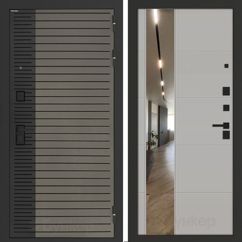 Входная металлическая дверь с зеркалом Бункер HIT Хит B-15 Веллюто кофе / зеркало ФЛЗ - 649 Лайт грей софт