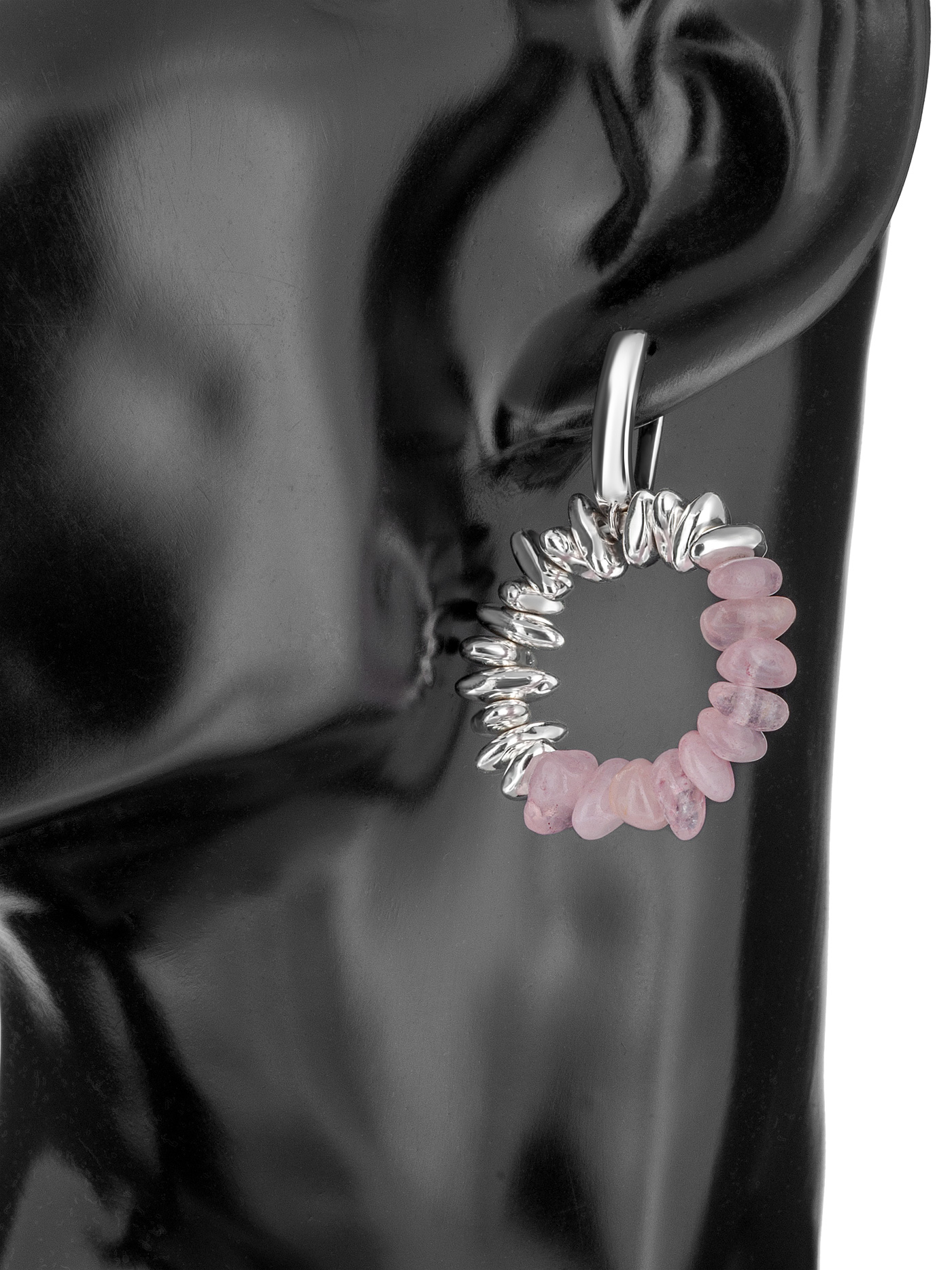 Дизайнерские круглые серьги с розовым кварцем и гематитом