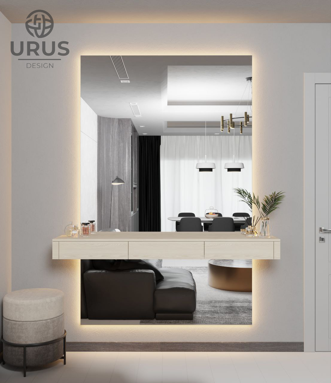 Зеркало с подвесной тумбой и LED подсветкой. Три выдвижных ящика | URUS ...