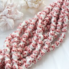 Бусина Шарик, керамика, белая с красной росписью, 10 мм, 1 шт, МК012
