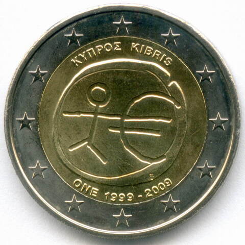 2 евро 2009 год. Кипр. 10 лет монетарной политики ЕС и введения евро. Биметалл UNC