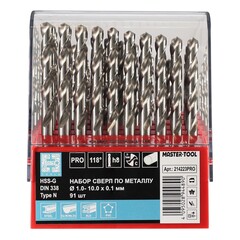 Набор сверл по металлу 1-10мм 91шт DIN338 HSS-G 118° (пл. кейс) H-Tools PRO 214223PRO