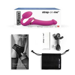 Ярко-розовый безремневой страпон Multi Orgasm Size M с клиторальной стимуляцией - 