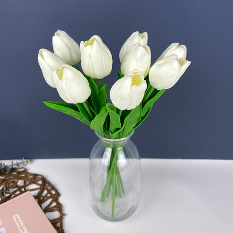 №2 Тюльпаны искусственные для декора, реалистичные как живые, Молочные, латексные (силиконовые), 34 см, букет из 9 штук.