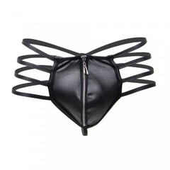 Кожаные мужские стринги Ohyeah Zipper Black, на молнии со стрепами, XL