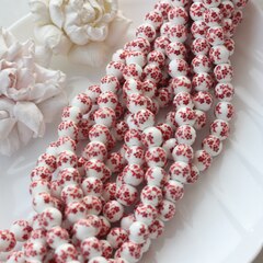 Бусина Шарик, керамика, белая с красной росписью, 10 мм, 1 шт, МК012