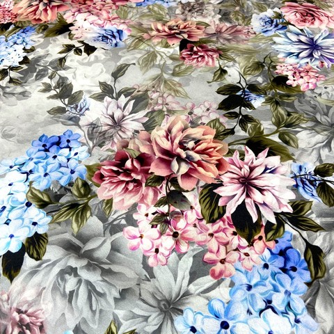 Ткань шелк матовый с эластаном розовые и голубые цветы 1089